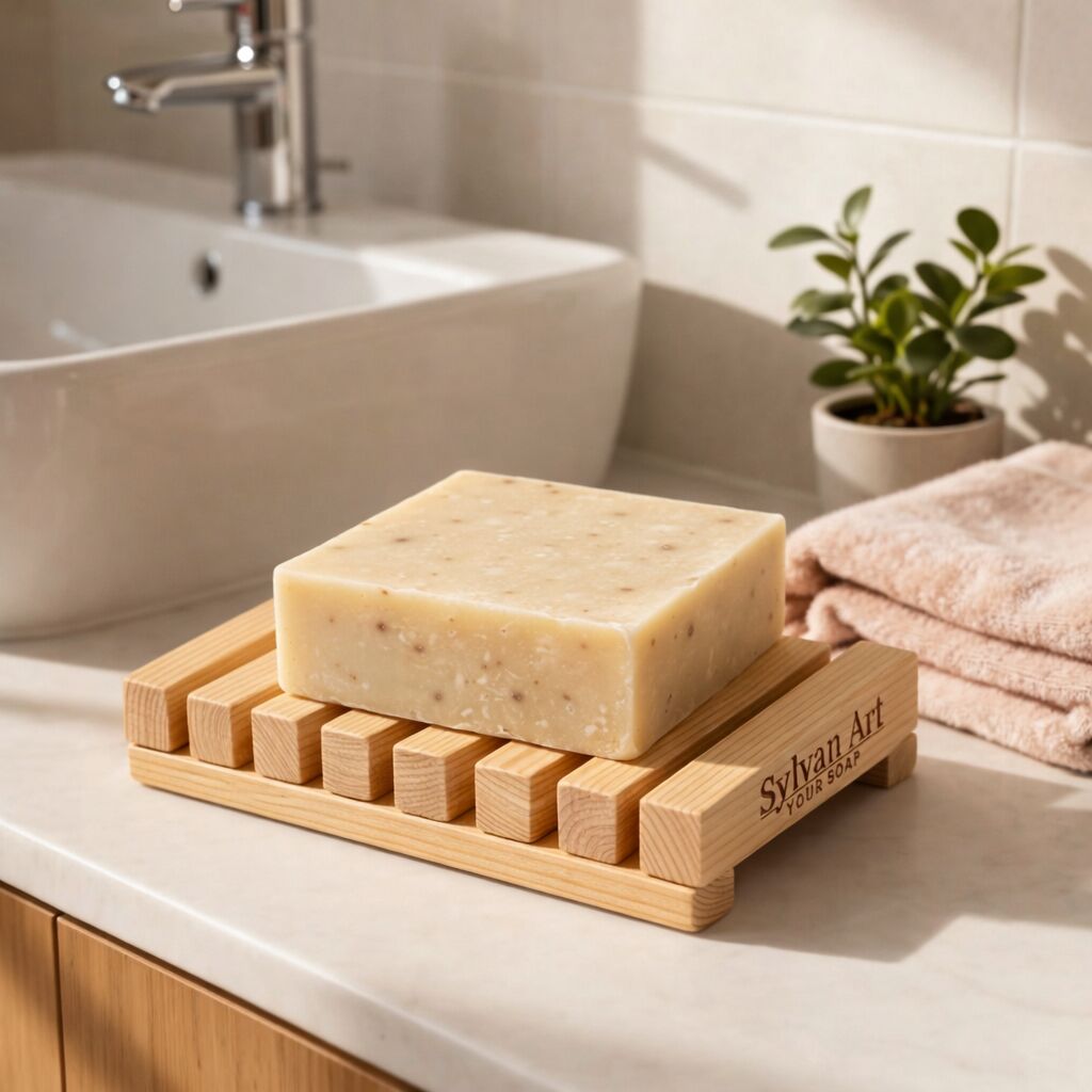 Wooden soap holder with artisanal soap bar in a modern bathroom setting