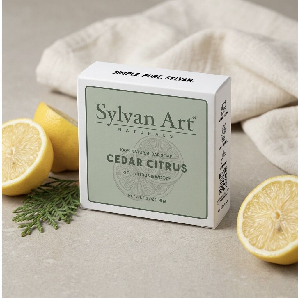 Artisanal cedar citrus soap bar on wood surface with orange slices and cedar shavings