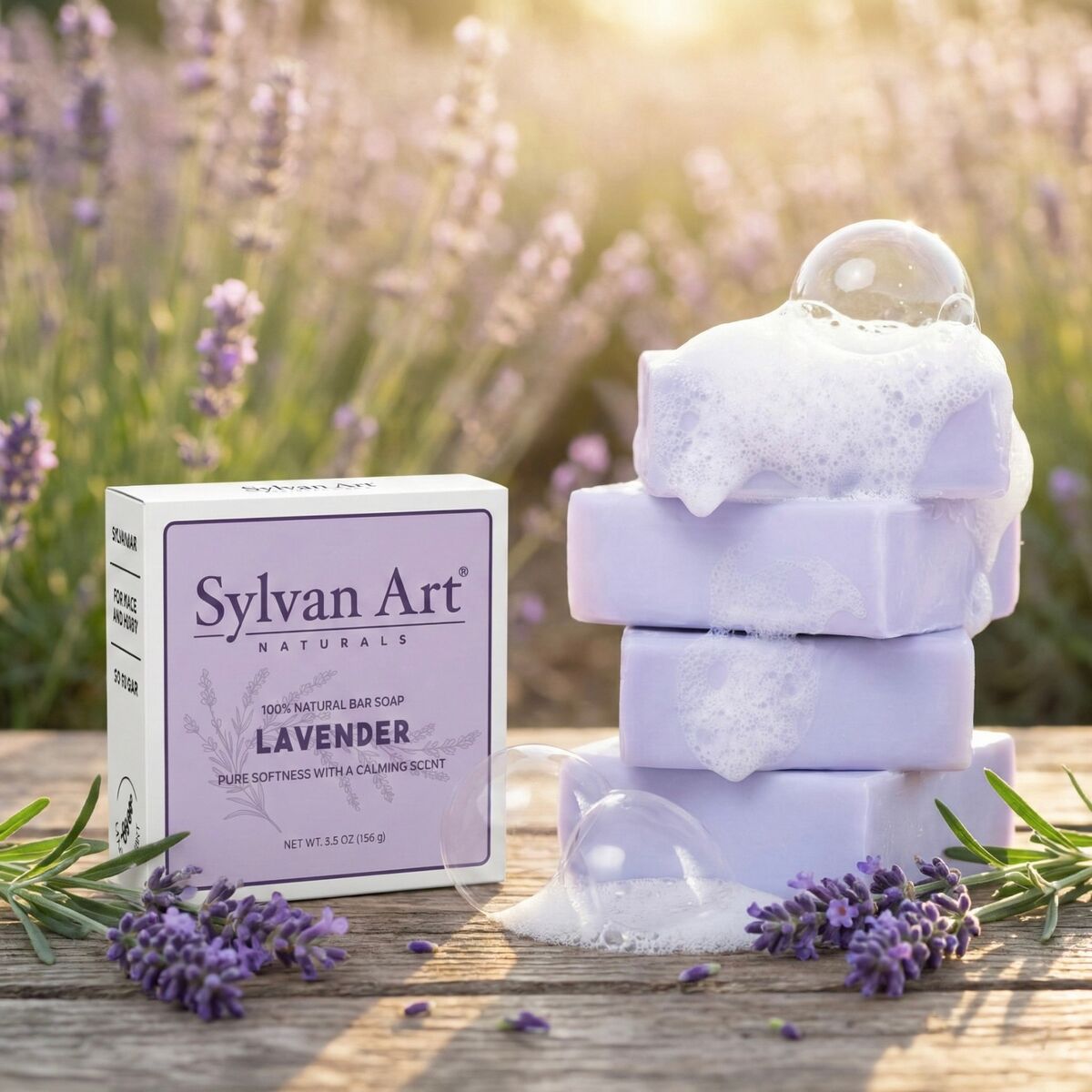 Lavender soap bar close-up with dried lavender flowers on linen