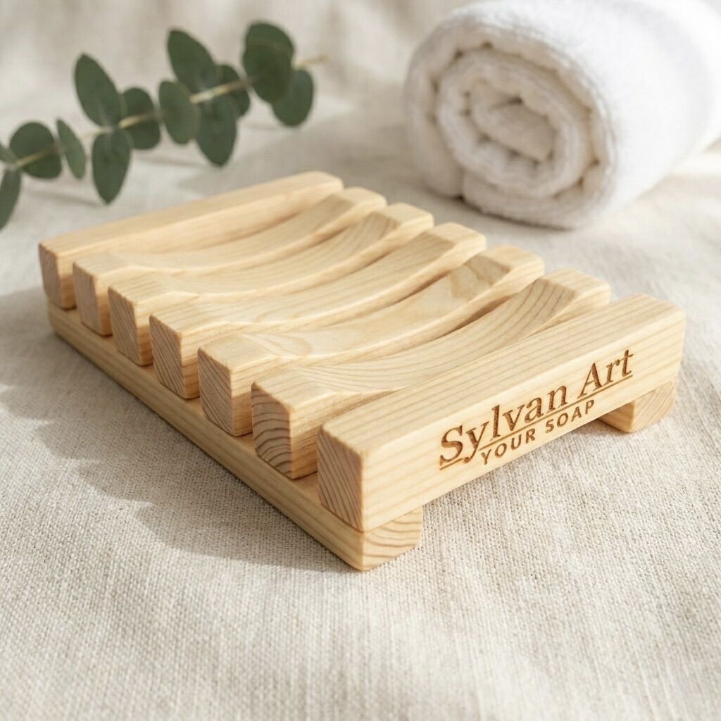 Handcrafted wooden soap holder with drainage slots on marble surface